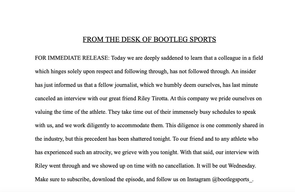 BootlegSports_'s tweet photo. FOR IMMEDIATE RELEASE: @TirottaR we are deeply saddened, however we stand with you. https://t.co/zkfTAaytno