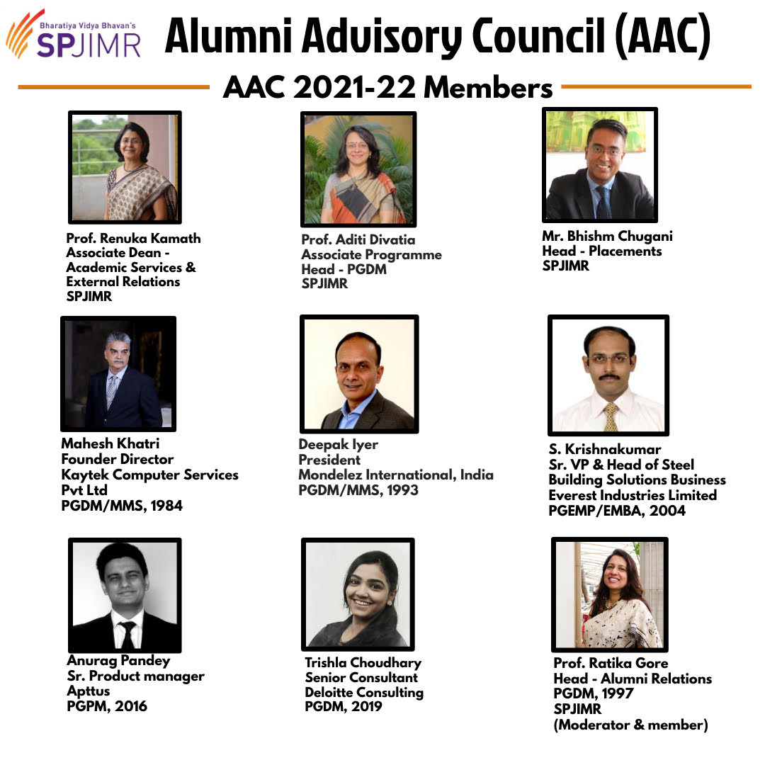 SPJIMR's tweet photo. #SPJIMR's first Alumni Advisory Council (AAC) met to discuss ideas on how to nurture alumni engagement at various levels and how to drive their involvement in institute building. Check out the AAC members for 2021-22.
@renuka_kamath @RatikaPGore @ASpjimr
#IamSPJIMR #SPJIMRAlumni https://t.co/22bv4bZn8h