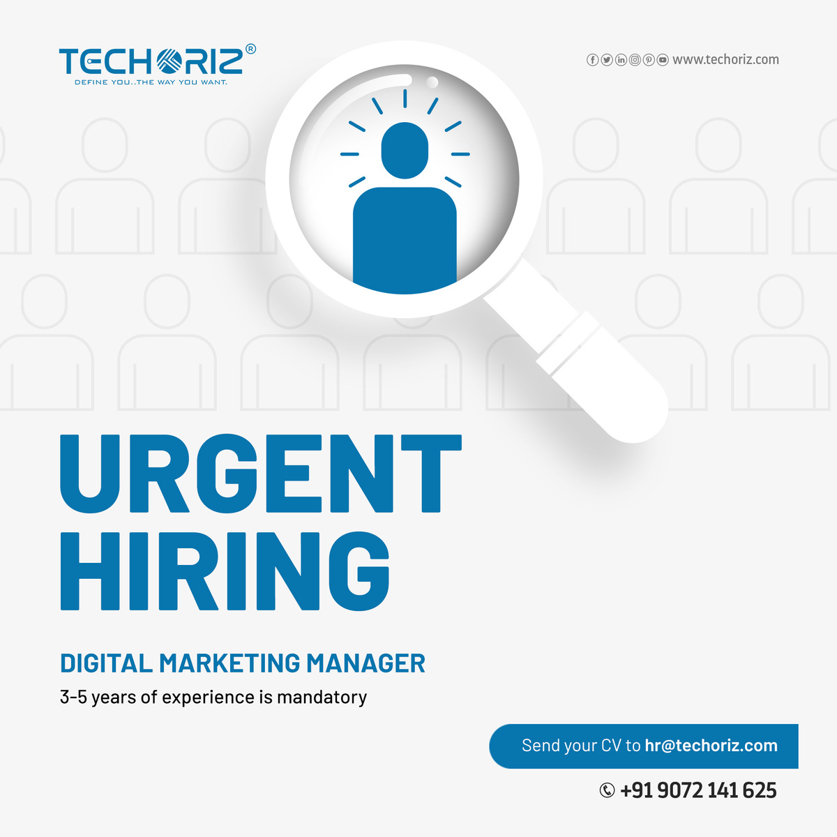 techoriz's tweet photo. Techoriz Digital Solutions is urgently hiring a Digital Marketing Manager with experience of 3-5 years.
Applicants who satisfy the requirements can send your CV to hr@techoriz.com.

#techoriz #digitalsolutions #digitalmarketing #digitalmarketer #digitalmarketingmanager #hiring https://t.co/AWqhUZMDi3