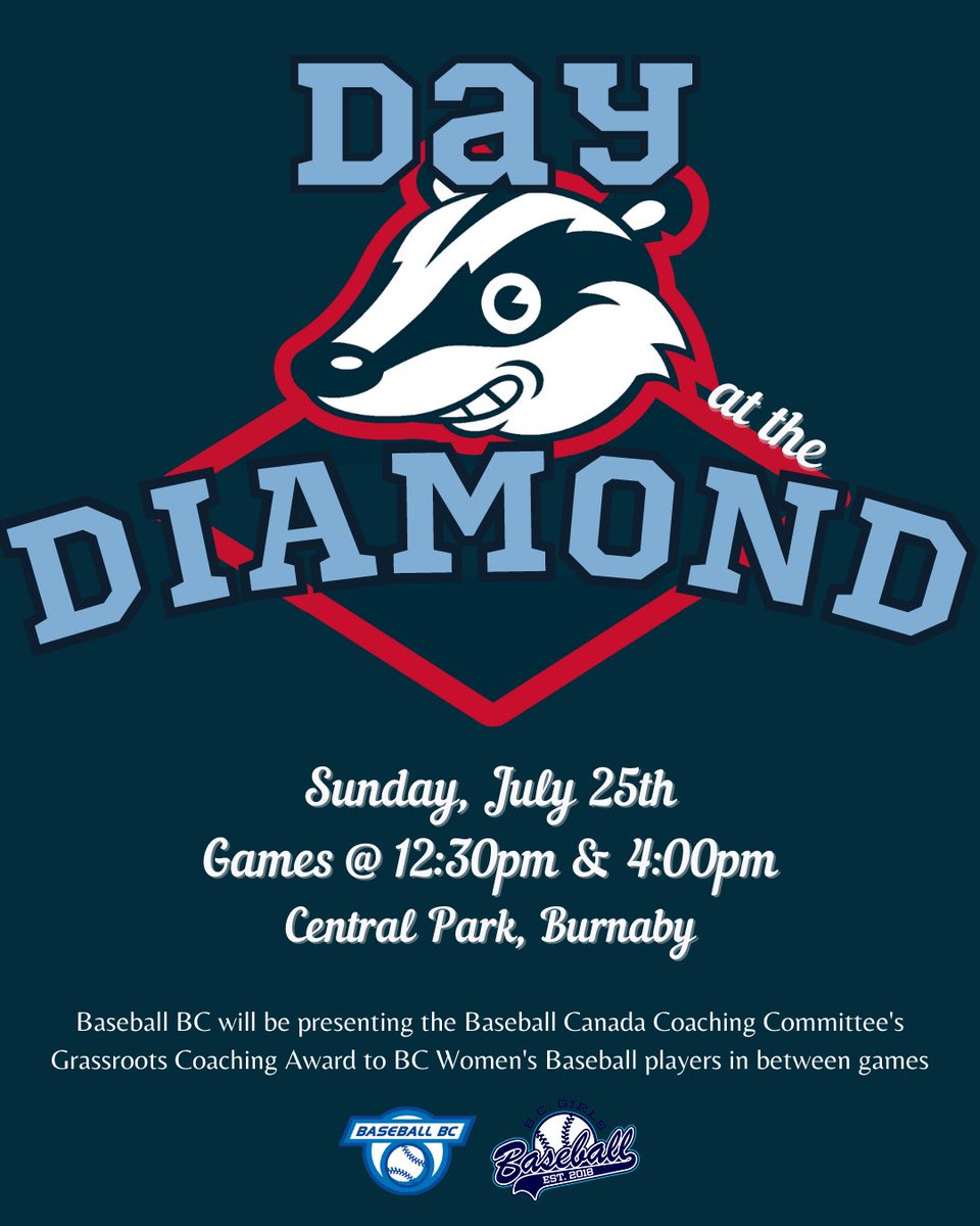 ⚾️ 💎 <a href="/bcwomenbaseball/">BC Women's Baseball</a> Badgers Day at The Diamond! Come support the only women’s baseball team in the province this coming Sunday, July 25th. 

📆 Sunday, July 25th
⏰ 12:30pm &amp; 4:00pm
📍 Central Park, Burnaby