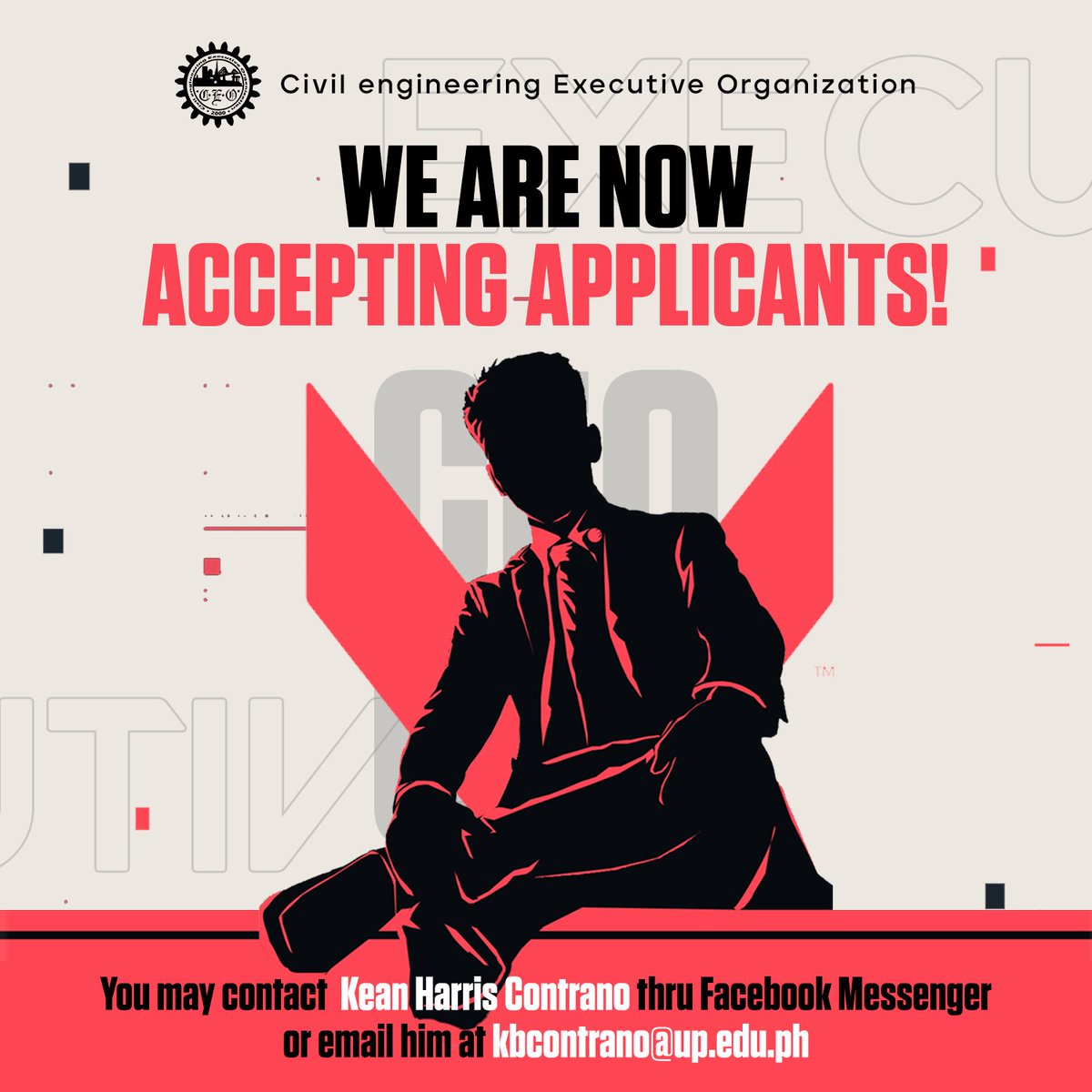 Had a blast in our orientation? Hold your horses for unlimited fun time awaits as the Civil engineering Executive Organization is now accepting applicants!
You may contact Kean Harris Contrano through Facebook Messenger or send an email at kbcontrano@up.edu.ph.