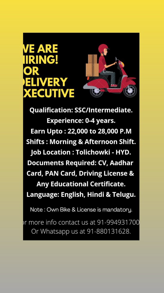 SubhanH89017371's tweet photo. @Hyderabadrains @HiHyderabad @JobsHyd @hyderabadjob @InToliChowki @HillsColony @ToliChowkiGirls @deliveryjobs https://t.co/NeHd3gzZ3u