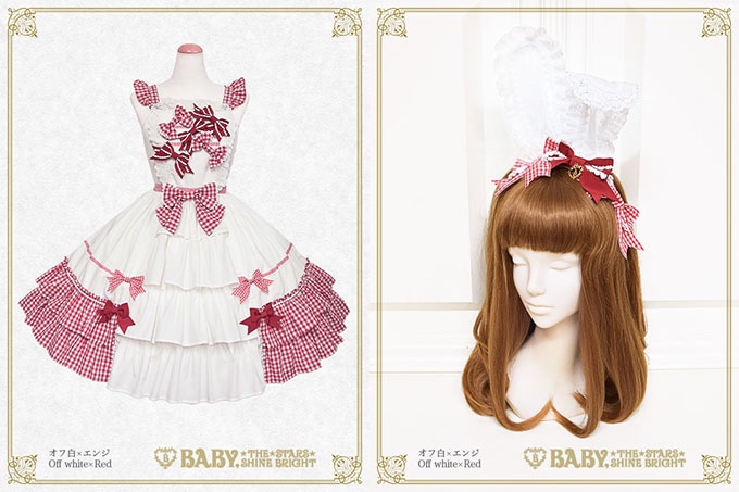 贅沢 BABY うさぎの国のアリスワンピース シロ×エンジ ひざ丈