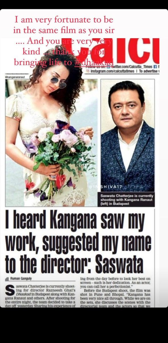 Kangana Ranaut Praised #SaswataChatterjee on her recent Instagram story 
#KanganaRanaut #Dhaakad