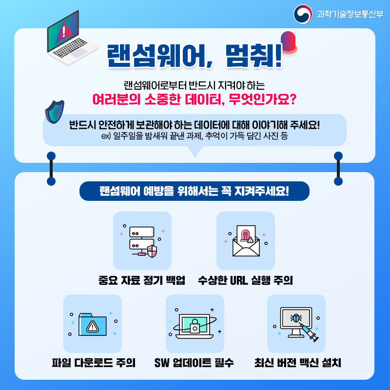 #EVENT★ 소중한 정보를 지키기 위해, #랜섬웨어 피해 예방 수칙 꼭 기억해주세요! 안전하게 지켜야 하는 여러분의 소중한 데이터는 무엇인가요? 🥰 멘션으로 이야기 나누고, RT로 랜섬웨어 피해 예방 수칙을 널리 알려주시면 10분을 추첨해 모바일 커피 상품권을 드려요♥ (7/27 발표) #정보보호의달