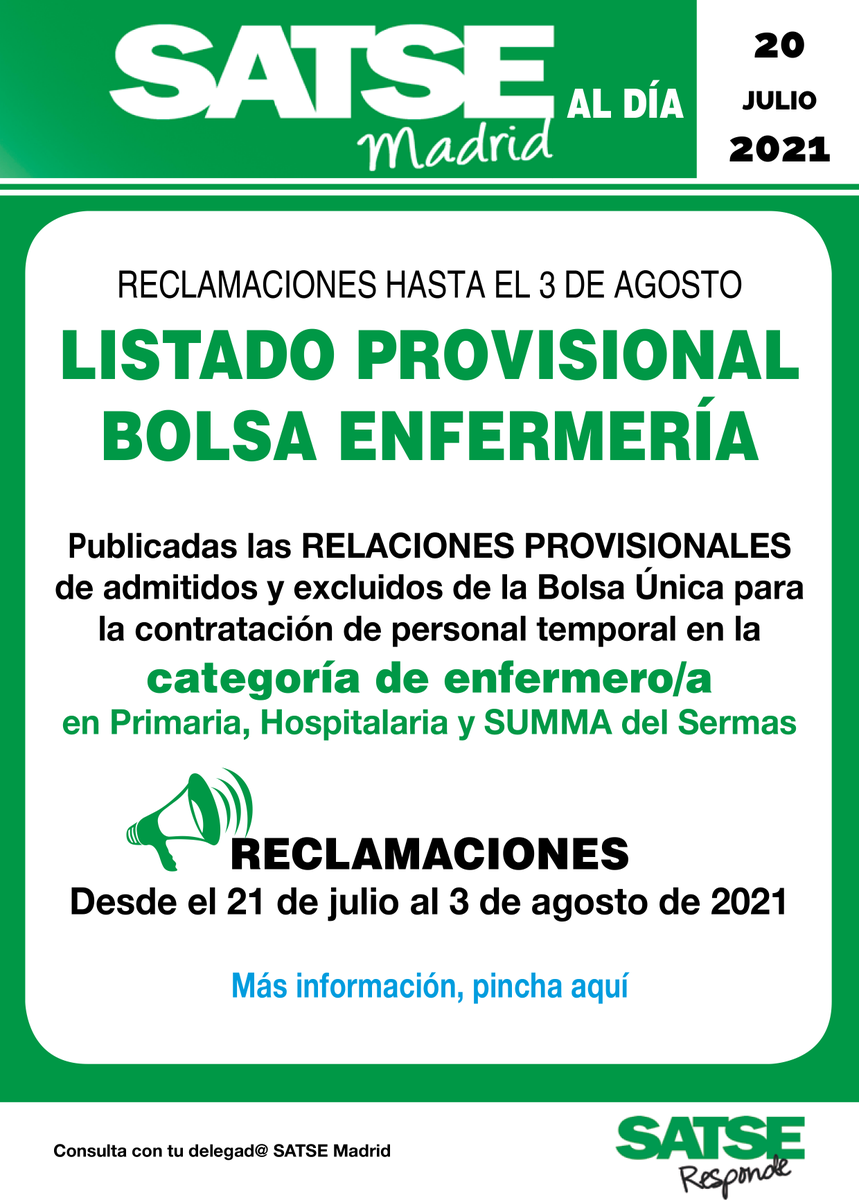 🟢 Publicados los listados provisionales de admitidos a la Bolsa de empleo temporal de Enfermería para Atención Primaria, Atención Hospitalaria y SUMMA 112 del Sermas.
Reclamaciones del 21 de julio al 3 de agosto de 2021
Más información 👉 bit.ly/3rl9d8p
#BolsaEnfermería