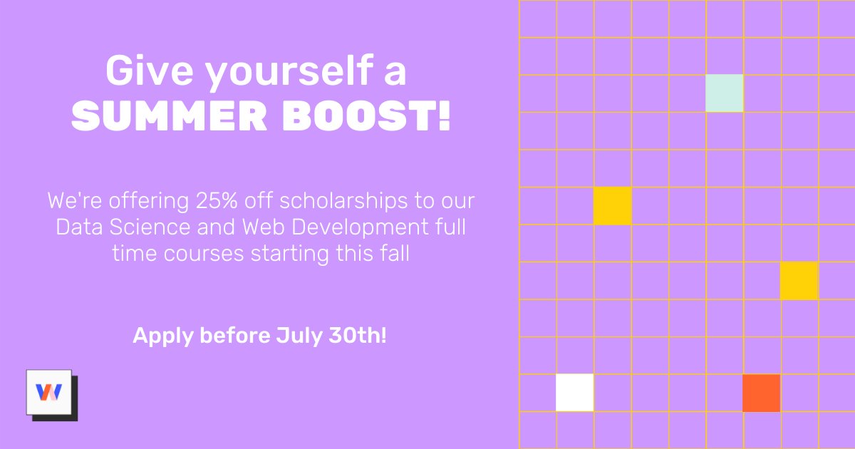 💫 SCHOLARSHIPS FOR WOMEN IN DATA SCIENCE &amp; WEB DEVELOPMENT 💫

Apply before July 30th for the chance to receive a scholarship of 25% off of our Data Science and Web Development full time courses!

Get your Summer Boost girl 🙌

Apply here: allwomen.tech/apply-2021-boo…