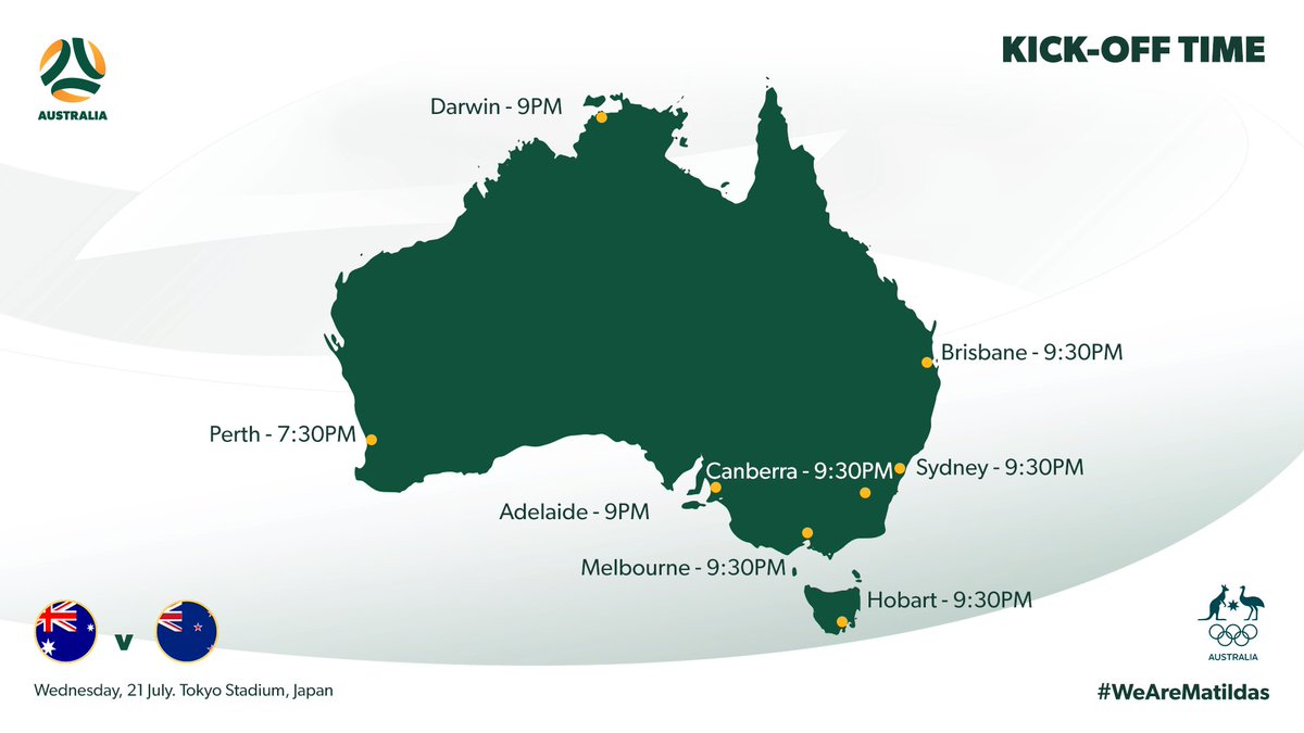 In case you missed it, here's what time #AUSvNZL kicks off around Australia. 

📺💻📱: 7HD, 7mate and the 7plus app

#GoAustralia #TokyoTogether #WeAreMatildas
