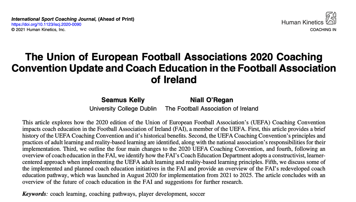 Delighted this paper has been published on Coach Education <a href="/FAIreland/">FAIreland</a> @FAICoachEd &amp; on implementation of <a href="/UEFA/">UEFA</a> 2020 Coaching Convention with <a href="/SeamusKelly7/">Dr Seamus Kelly</a> Link to paper: doi.org/10.1123/iscj.2…
Also see video of our learner-centred approach youtube.com/watch?v=V0yi2R… #UEFAcoaching