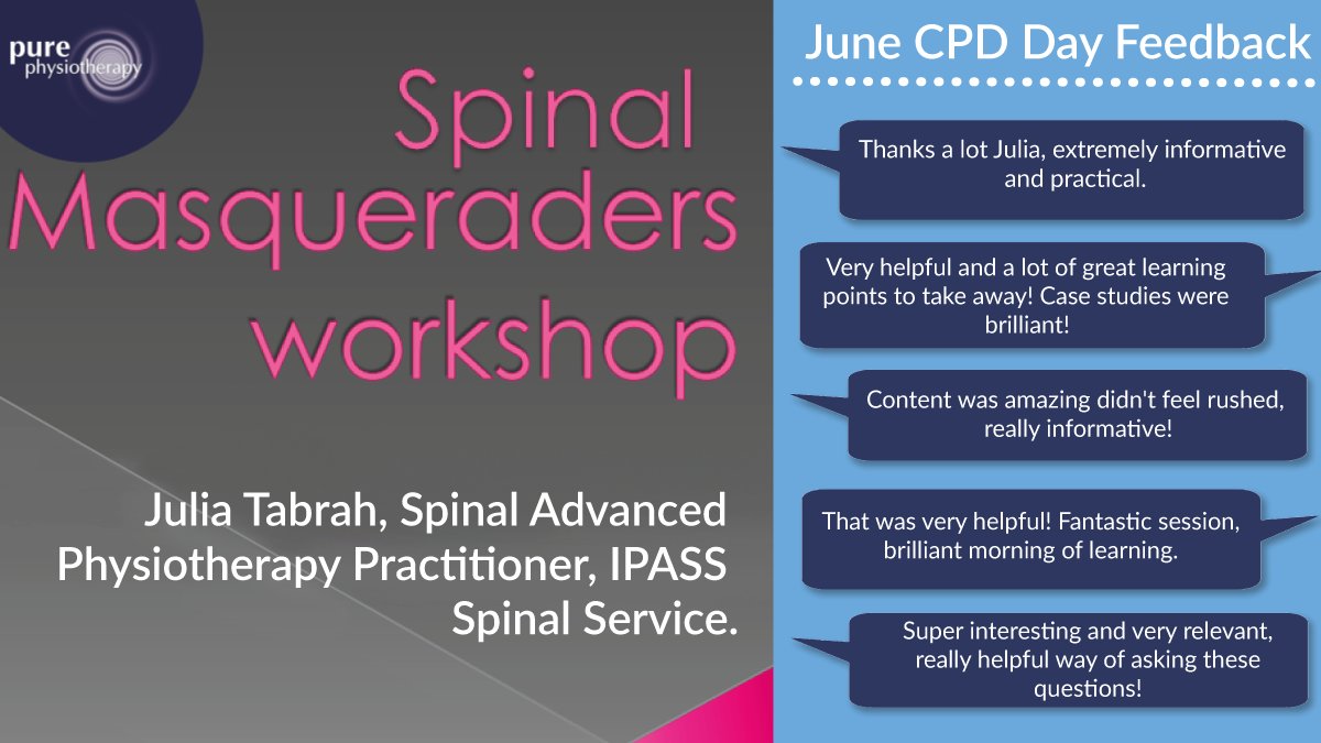 Pure_Physio's tweet photo. We held another great internal CPD day for our staff on Friday. 
We had Julia Tabrah presenting to us on spinal masqueraders. The feedback we got back on the day was fantastic and proved to be a very insightful day for all.
#research #education #cpdtraining #physiotherapy https://t.co/2Gn8WSxjqu