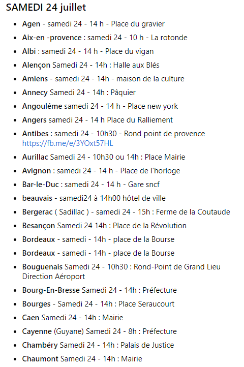 AnonymeCitoyen's tweet photo. 🔴 Liste (non exhaustive) des nombreuses manifestations prévues ce samedi dans toute la France qui commencent à circuler sur les réseaux sociaux contre le #PassSanitaire et les mesures annoncées par Emmanuel Macron. #StopPassSanitaire #manif24juillet #GiletsJaunes #PassDeLaHonte https://t.co/77PYvvzJD7