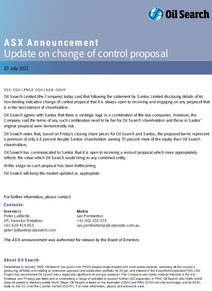MartynNamorong's tweet photo. Oil Search has announced that it has rejected Santo's original proposal for a merger. Says that it is open to any new proposal
#OilSearch #Santos #PNG #OilandGas https://t.co/64RUr5dBd5