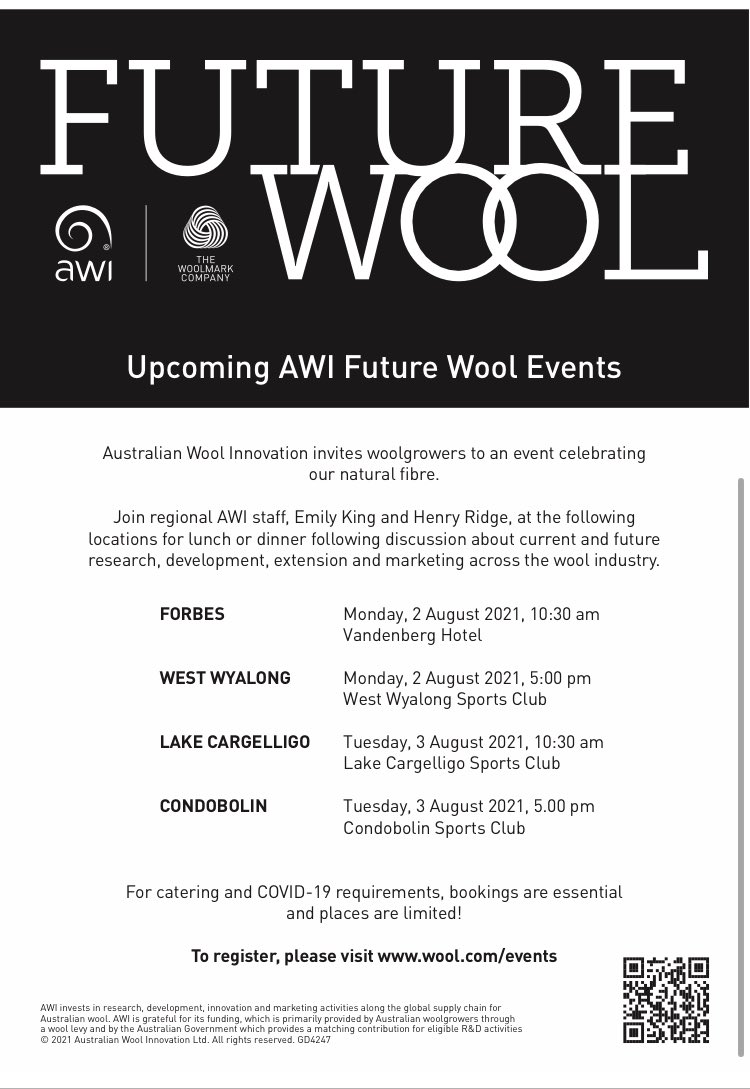 AWIExtensionNSW's tweet photo. Attention Woolgrowers around Forbes, West Wyalong, Lake Cargelligo, Condobolin and surround areas!
Future Wool is coming to you!
Australian Wool Innovation invites woolgrowers to an event celebrating our natural fibre.
Register here: 👉 https://t.co/q48PjNYM6g
#futurewool https://t.co/N7jMSsOXr9