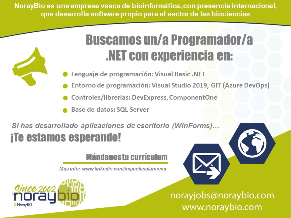 ¿Buscas un cambio profesional este verano? En 
<a href="/noraybio/">NorayBio</a> queremos incorporar un/a #𝐏𝐫𝐨𝐠𝐫𝐚𝐦𝐚𝐝𝐨𝐫/𝐚 para desarrollo y mantenimiento de aplicaciones de escritorio (𝗪𝐢𝐧𝐅𝐨𝐫𝐦𝐬). ¡Inscríbete en nuestra #ofertadeempleo! 👩‍💻👨‍💻
#bioinformática #vbnet #sqlserver #Bizkaia
