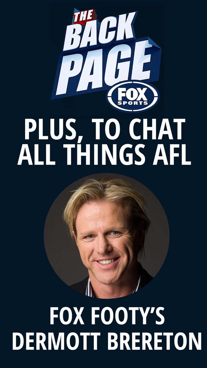 Another MASSIVE edition of #TheBackPage tonight!

Host Tony Squires is joined by <a href="/TaraRushton/">Tara Rushton</a>, <a href="/adampeacock3/">Adam Peacock</a>, <a href="/kokeeffe49/">Kerry O'Keeffe</a> and Greg Alexander. Plus Dermott Brereton to talk all things AFL.

Special guest is Olympic sailor <a href="/Lisa_Darmanin/">Lisa Darmanin</a>.

Fox Sports 503 @ 7.30pm

@FoxSportsAusPR