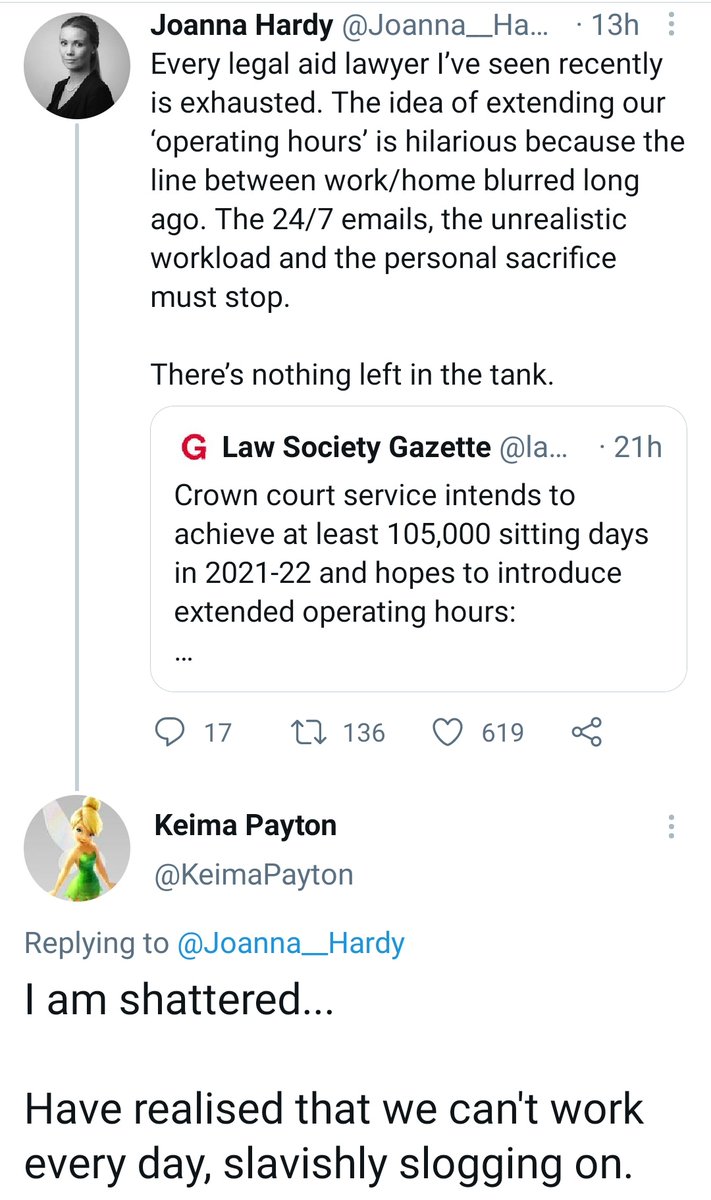 WomenInCrimLaw's tweet photo. Seeing practitioners take to Twitter about yet another try at implementing EOH is so disheartening: the reality of exhaustion, working during precious family time, not sleeping or using holidays to work to keep up with vast caseloads.
There are no hours left to be extended into. https://t.co/hjiksLKGKC