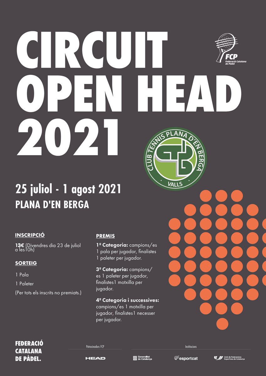 FCatalanaPadel's tweet photo. ⚠️ INSCRIPCIONS OBERTES ⚠️

Fins divendres 👉10h  

🏆 Circuit #OpenFCP  @HEAD_PADEL

📍 Club Tennis Plana d’en Berga (TGN)
📍 Indoor Pàdel Bages (BCN)
📍 Pàdel Tennis MIR (BCN)
📍 @padelarium Gavà (BCN) 

➡️ https://t.co/e2vZwU0Xgo

#Pàdel #Català #MésPàdelQueMai https://t.co/0NtIvl5CZV