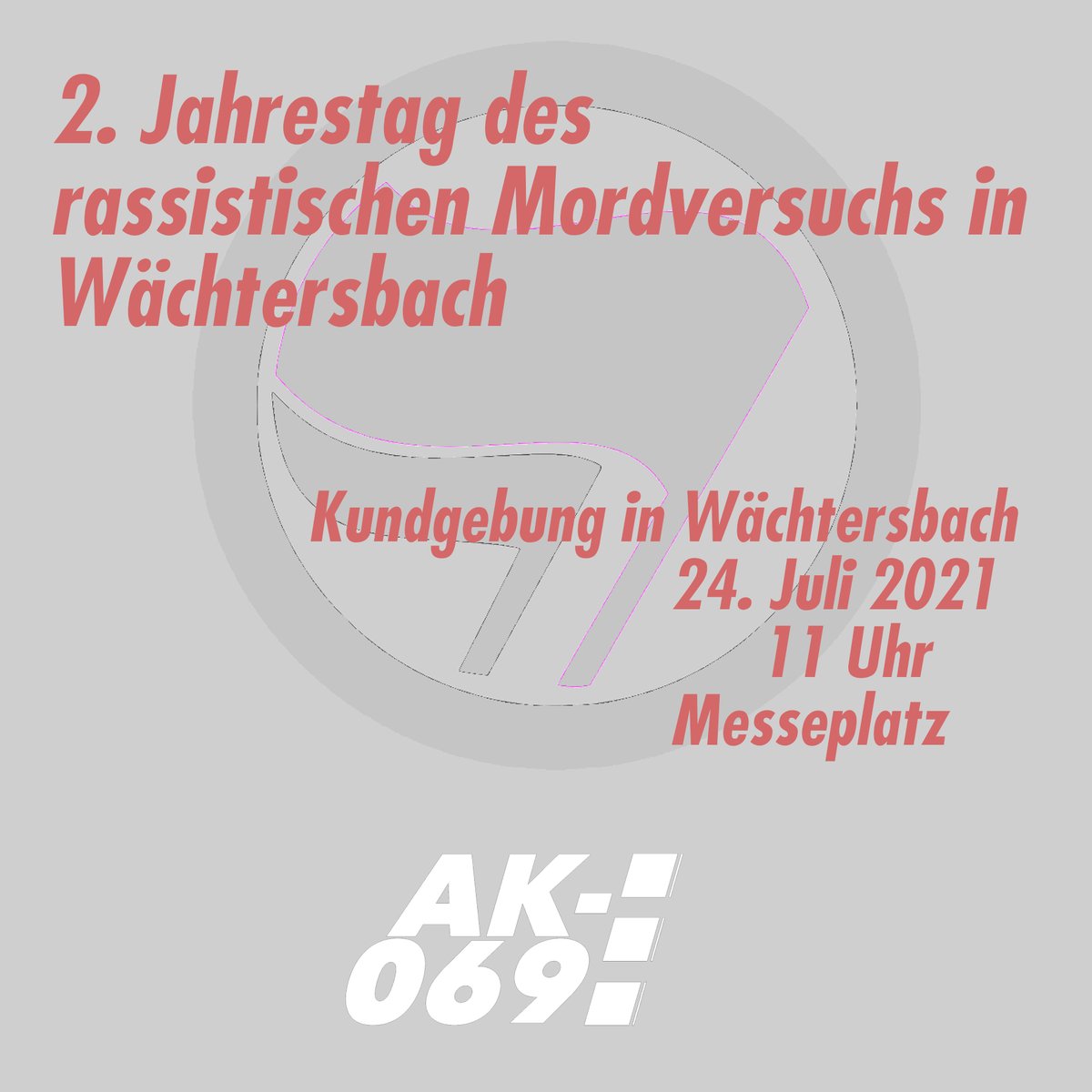 ZWEITER JAHRESTAG WÄCHTERSBACH

Am 22.7. wurde Bilal M. in Wächtersbach von einem Rassisten angeschossen und überlebte schwer verletzt. In Wächtersbach wird es eine Kundgebung in Erinnerung an den rassistischen Mordversuch geben.

24.7. - 11 Uhr Messeplatz