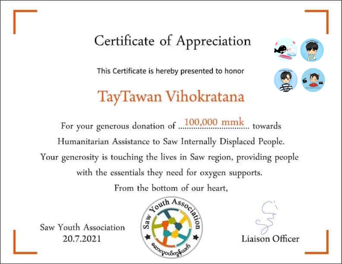 TaynewF's tweet photo. Donating 9000 BAHT to 5 places with the name of TayTawan Vihokratana 🌻💙 @Tawan_V

OXYGEN Supports , Internally displaced aged people, lunch &amp; dinner for Nursing Home and some medicines for Nursing Home.

#TayTawan30thbirthdayprojectinMyanmar 
#Taytawan30thbirthday 
#Tawan_V https://t.co/JZco38xFcJ