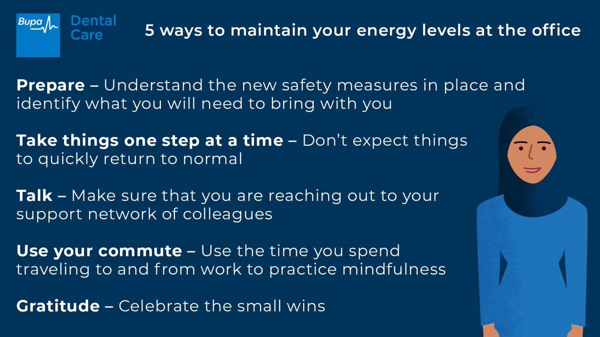 BupaDentalJobs's tweet image. More of us will now be returning to the workplace and this can be a daunting process, that’s why we’ve put together a handy list of 5 ways you can maintain your energy levels and look after your #wellbeing when returning to work. bit.ly/3kHTSu5 #BeliefInYou