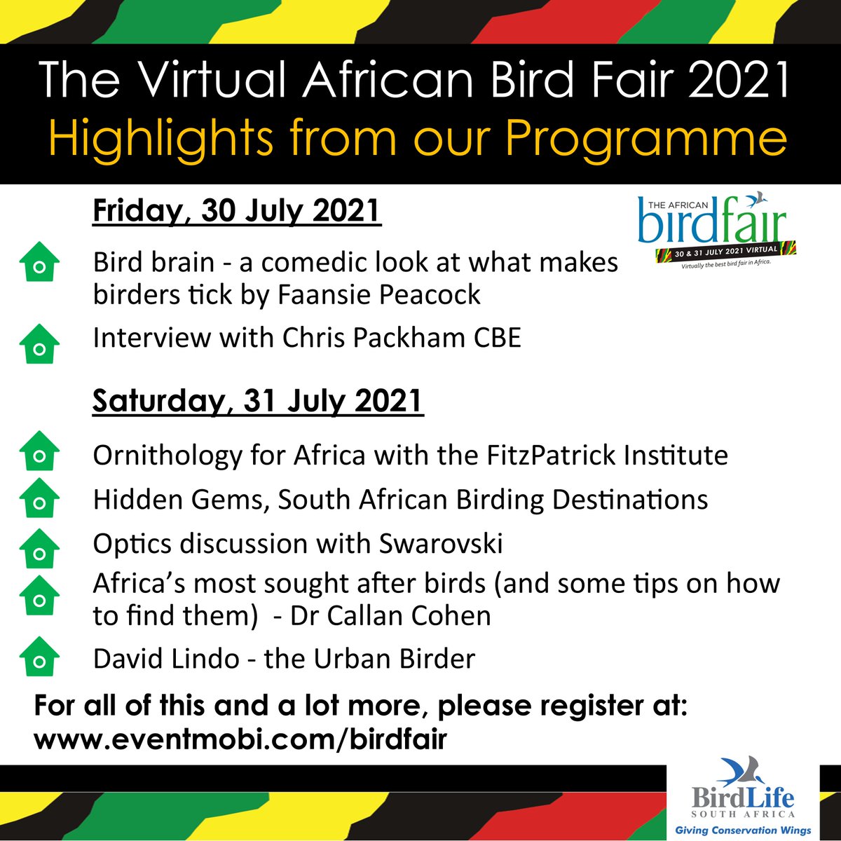 BirdLife_SA's tweet photo. Here are only some highlights from our programme for the Virtual African Bird Fair. But there is a lot more fascinating topics and you can be part of this FREE event by registering at: https://t.co/AnKhpvw5K2. https://t.co/EVs6xGwH6C