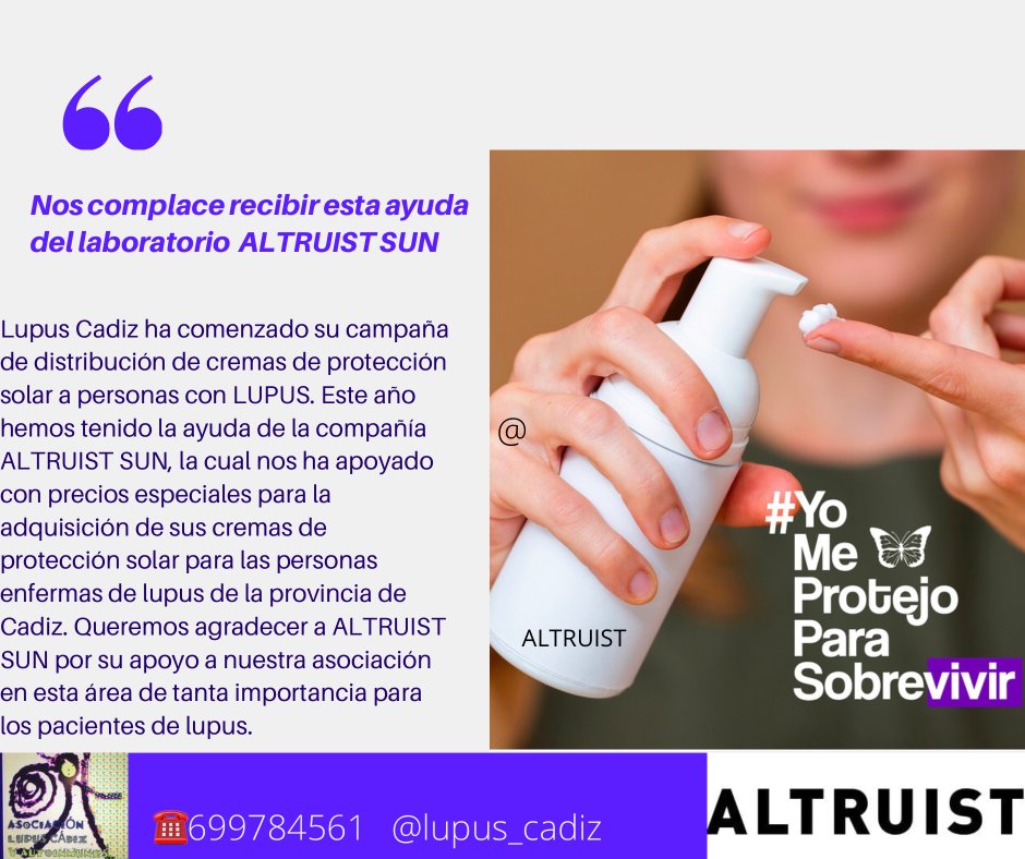 Lupus Cádiz ALCA (@lupus_cadiz) on Twitter photo Campaña de Distribución de cremas de protección solar
<a href="/lupus_cadiz/">Lupus Cádiz ALCA</a>
<a href="/Felupus/">Federación Española Lupus | #LUPUSESPAÑA</a>
<a href="/AltruistSun/">Altruist Sunscreen</a> Campaña de Distribución de cremas de protección solar
<a href="/lupus_cadiz/">Lupus Cádiz ALCA</a>
<a href="/Felupus/">Federación Española Lupus | #LUPUSESPAÑA</a>
<a href="/AltruistSun/">Altruist Sunscreen</a>
