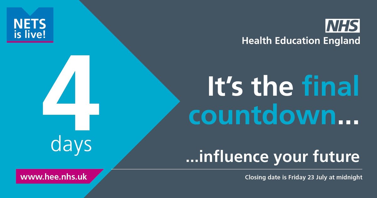 Your Experience Matters. Just 4 days to go, the NETS closes at midnight on 23 July. Students and trainees please take 10 minutes to help us to make improvements to the quality of learning for you by filling in the NETS here orlo.uk/DW82R   
#HEENETS