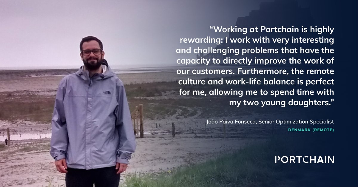 WORKING AT PORTCHAIN
Hear how João, our Senior Optimization Specialist, feels about working at Portchain and read more about our current openings here:
hubs.la/H0SxyNK0

#employeestories #remoteworking #hiring #AI #optimization #shipping #digitalization