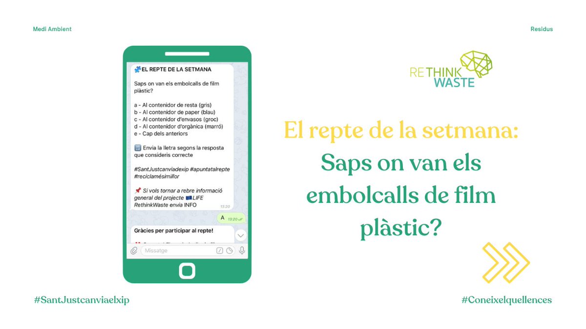 santjustresidus's tweet photo. ♻️ #ProjecteLIFE @REthinkWasteRTW
👉 Les persones registrades a #Coneixelquellences reben un repte setmanal per participar, aprendre i acumular punts per un sorteig final!
📷 Aquest és un dels darrers
👀 I tu, on llençaries els embolcalls de film plàstic?
#SantJustcanivaelxip https://t.co/F4Wk3hniiy