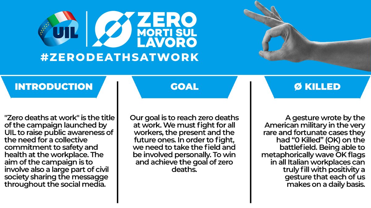 #Safety and #Health at the #workplace is a social issue. It is a fight for the civilization of work and our common goal must be to reach #ZeroDeathsAtWork. 
@etuc_ces @ituc @ilo @EU_EESC @WorkersEESC @NicolasSchmitEU @DG_Employment 
👉 zeromortisullavoro.it/wp-content/upl…