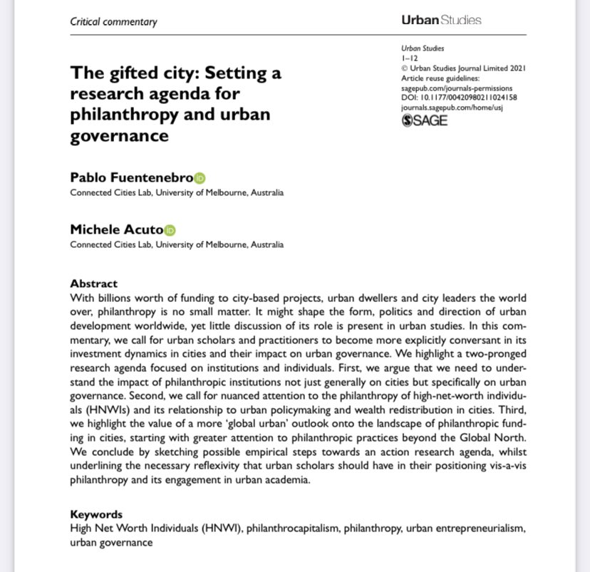 Giving has been increasingly impactful on #urbangovernance: Pablo Fuentenebro &amp; <a href="/MicheleAcuto/">ᴍɪᴄʜᴇʟᴇ ᴀᴄᴜᴛᴏ</a> weigh in in <a href="/USJ_online/">Urban Studies Journal</a> on the power and challenge of #philanthropy in cities 💰🏛

doi.org/10.1177/004209…