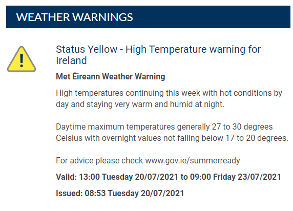 MetEireann's tweet photo. Status Yellow - High Temperature warning for Ireland
Met Éireann Weather Warning

High temperatures continuing this week with hot conditions by day and staying very warm and humid at night. ⬇️
https://t.co/Xg3aMJlyuS https://t.co/rlqRCazrgt