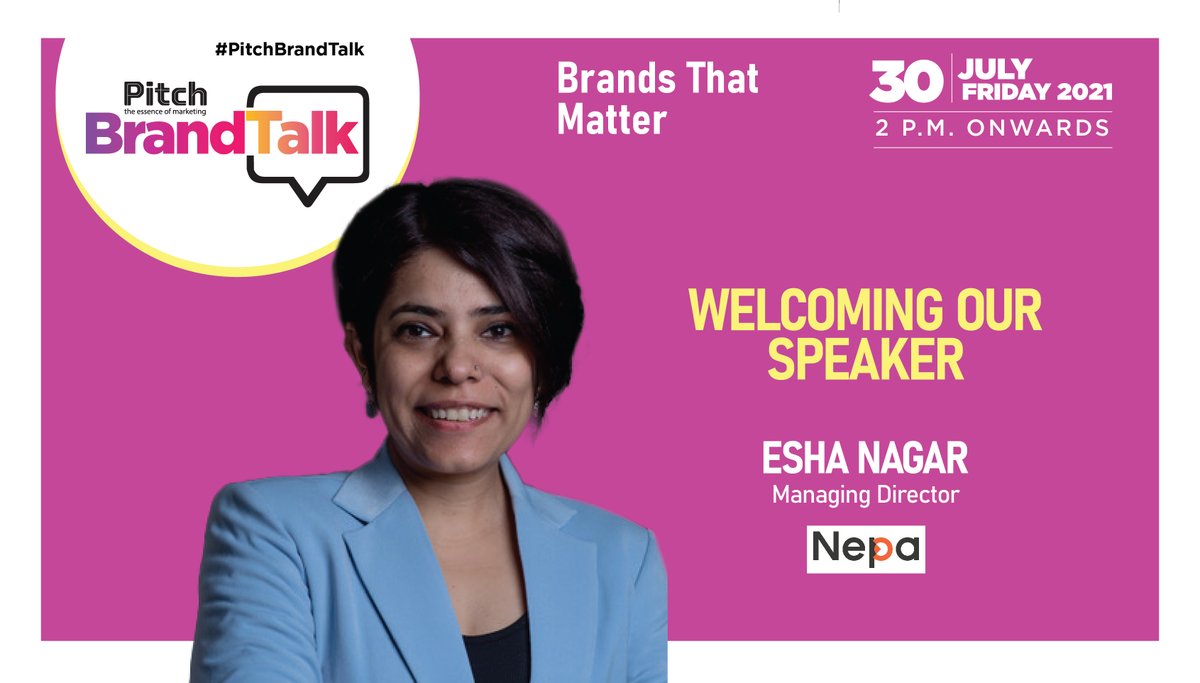 Welcoming our speaker Esha Nagar, Managing Director, Nepa India as session chair for a panel at the Pitch BrandTalk about Brands That Matter on 30th July, 2 PM onwards. Join us! @eshanagar @NepaAB #PitchBrandTalk Register: bit.ly/2Ufahyc