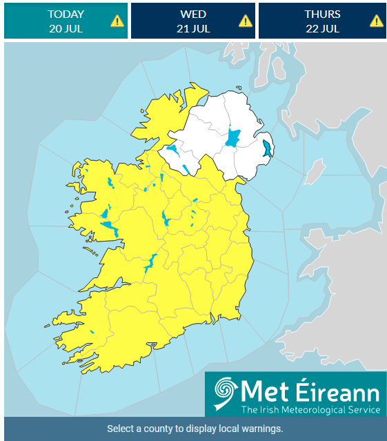 MetEireann's tweet photo. Status Yellow - High Temperature warning for Ireland
Met Éireann Weather Warning

High temperatures continuing this week with hot conditions by day and staying very warm and humid at night. ⬇️
https://t.co/Xg3aMJlyuS https://t.co/rlqRCazrgt
