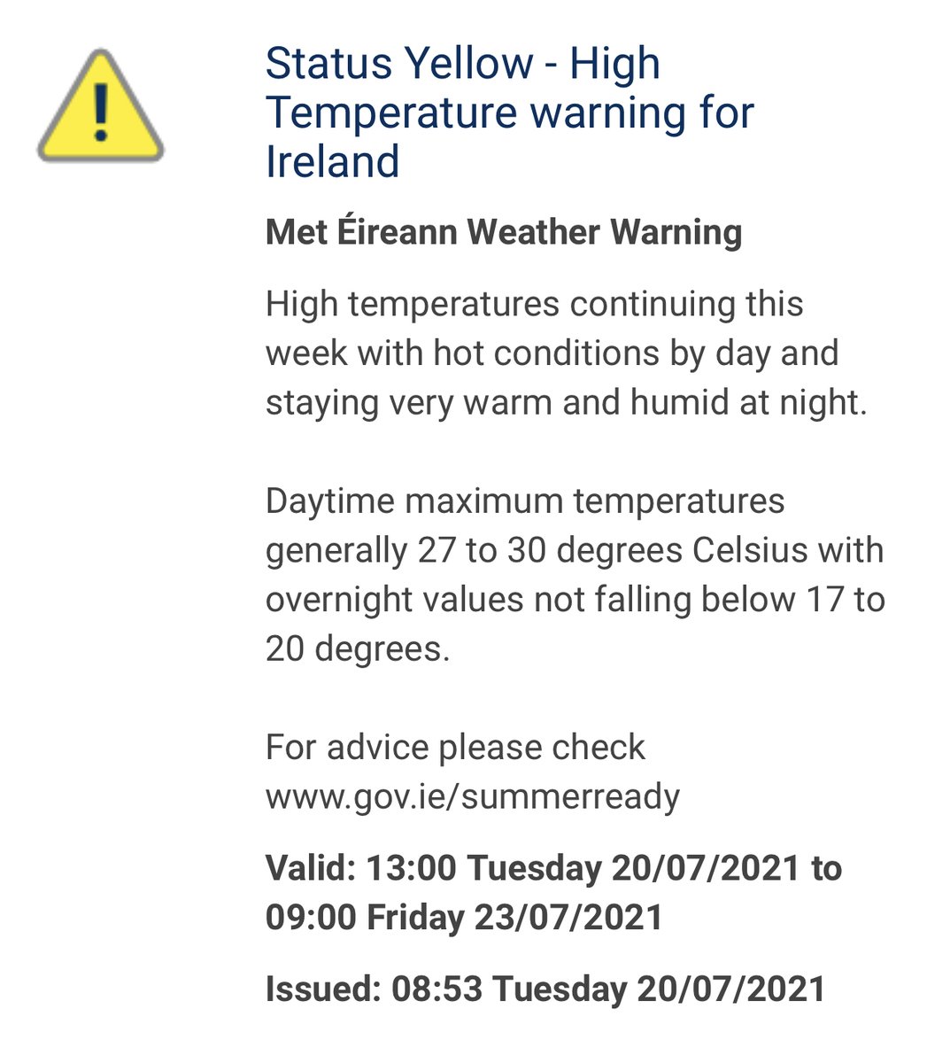 offalylocalnews's tweet photo. ⚠️ HIGH TEMPERATURE WARNING: Met Éireann has issued a nationwide Status Yellow high temperature warning, in effect from 1pm today until 9am on Friday (23rd July).
#Ireland #MLNWeather https://t.co/TvSXTE9une