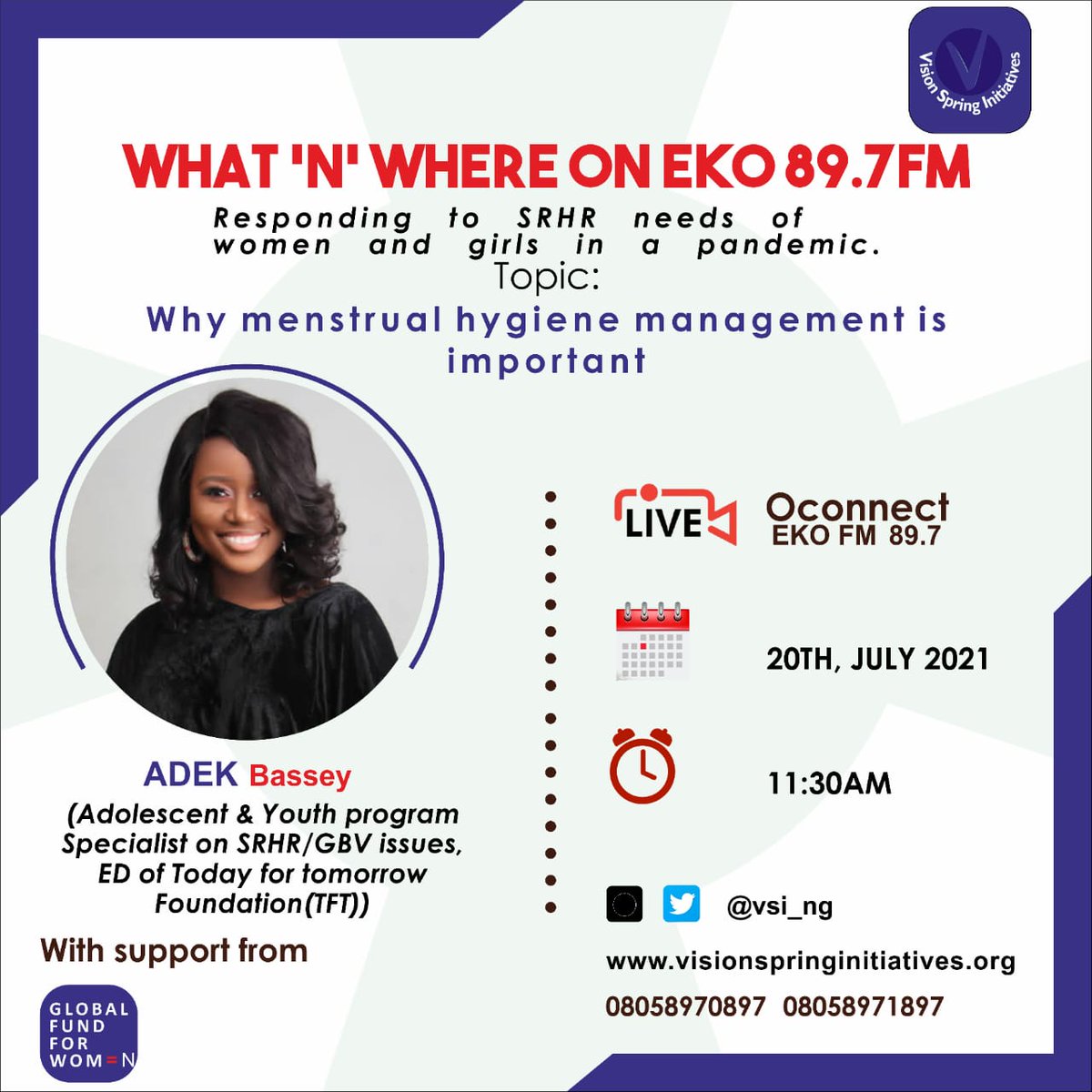 VSI_ng's tweet photo. Hey Friends!
It's another episode of the #WhatnWhere radio show and today our focus is on the importance of menstrual hygiene.
According to @UNICEF_Nigeria reports, there is a need for the continuous demystification of menstrual hygiene practices to
1/2 https://t.co/1n5cZhTO08