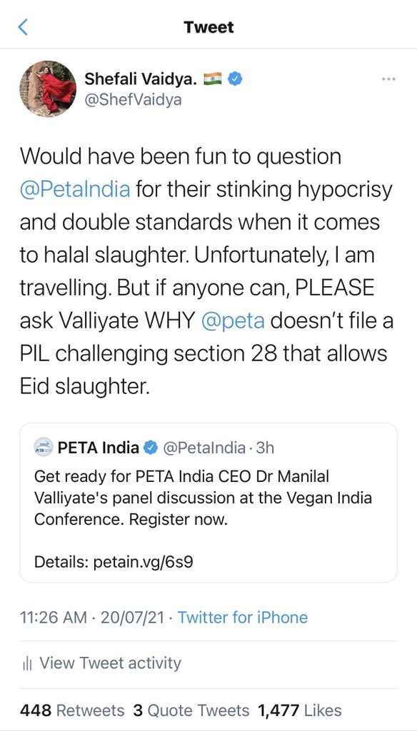 Shefali Vaidya. 🇮🇳 (@shefvaidya) on Twitter photo Why did you delete your tweet about your Vegan conference after I tweeted about it <a href="/PetaIndia/">PETA India</a>? Don’t you want more people to enroll for it? इतना ख़ौफ़ क्यों है? Why did you delete your tweet about your Vegan conference after I tweeted about it <a href="/PetaIndia/">PETA India</a>? Don’t you want more people to enroll for it? इतना ख़ौफ़ क्यों है?