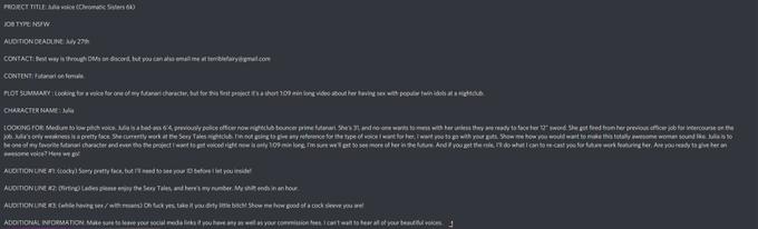 Casting Call!!! 🎤  I am currently looking for a voice for one of my character: Julia!  More info below