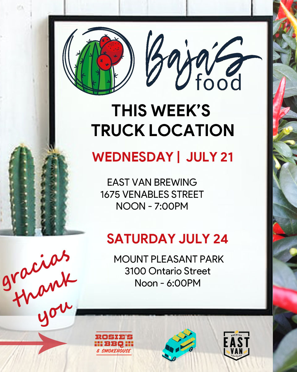 Back at <a href="/eastvanbrewing/">East Van Brewing Co.</a> this Wednesday, July 21. Come on by &amp; show your support! Our #foodtruck menu includes our favourites such as our homemade chicharrones &amp; salsa, our award-winning fish tacos, chimichanga, chocoflan dessert, &amp; so much more. Our kitchen will be closed. #food