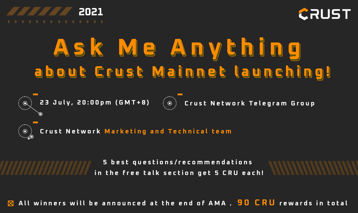 CrustNetwork's tweet photo. We're excited to announce that the Crust Mainnet is coming! On July 23rd, join our AMA to learn more about this exciting development.

✅ RT &amp; Tag 3 friends
✅ Join the Crust TG
✅ Ask a Q about the Crust Mainnet

90 $CRU up for grabs!

Submit your Q's: https://t.co/gEhCat3YDn https://t.co/fRad4lXk1S