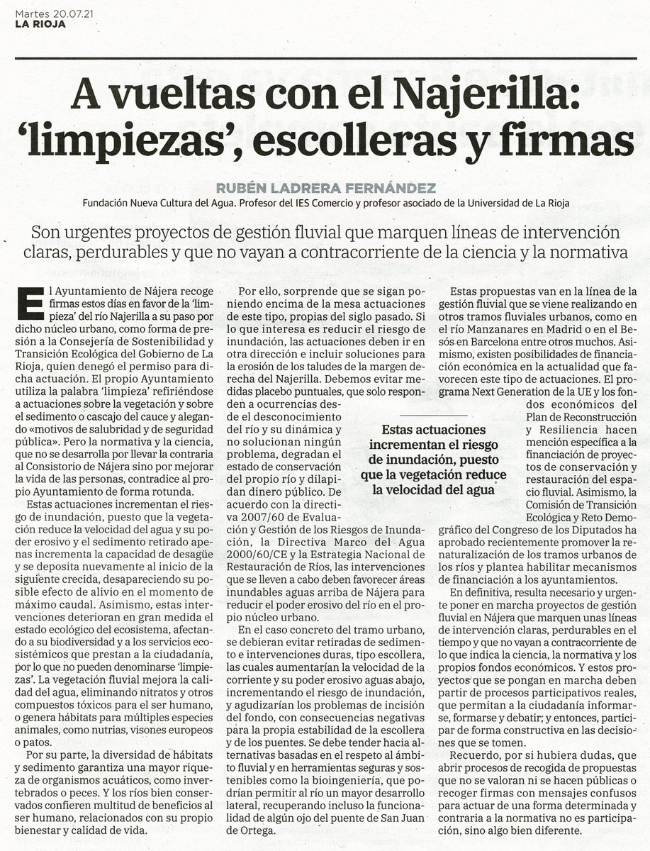 Ruben_Ladrera's tweet photo. ¡A "LIMPIAR" el NAJERILLA! El día de la marmota en la gestión fluvial.
Aquí mi opinión, publicada en @lariojacom, por si pudiera contribuir en las decisiones que se tomen. 
@CH_Ebro @Ayto_de_Najera @ConchaAndreu @DoradoAlex @RaquelRomeroA @rauldiaz_ @cesarluena https://t.co/hrvRcXi0nk