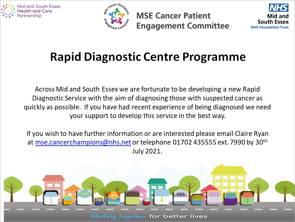 Our Cancer teams are looking for patient representatives to #support with the development of our Rapid Diagnostic Centre Programme <a href="/MSEHospitals/">Mid and South Essex NHS Foundation Trust</a>. The deadline for this opportunity is the 30th of July. Don't miss out!