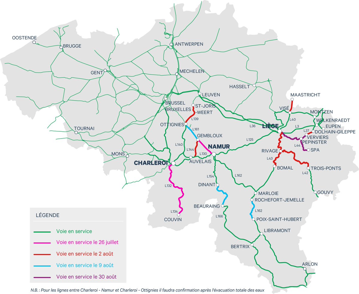 ⚠Mise à jour de la situation sur notre réseau (19/07), avec nos prévisions de remise en service du trafic ferroviaire. 
👉Plus d’infos sur infrabel.be/fr/article/int…
👉Pour planifier votre voyage, consultez belgiantrain.be/fr
