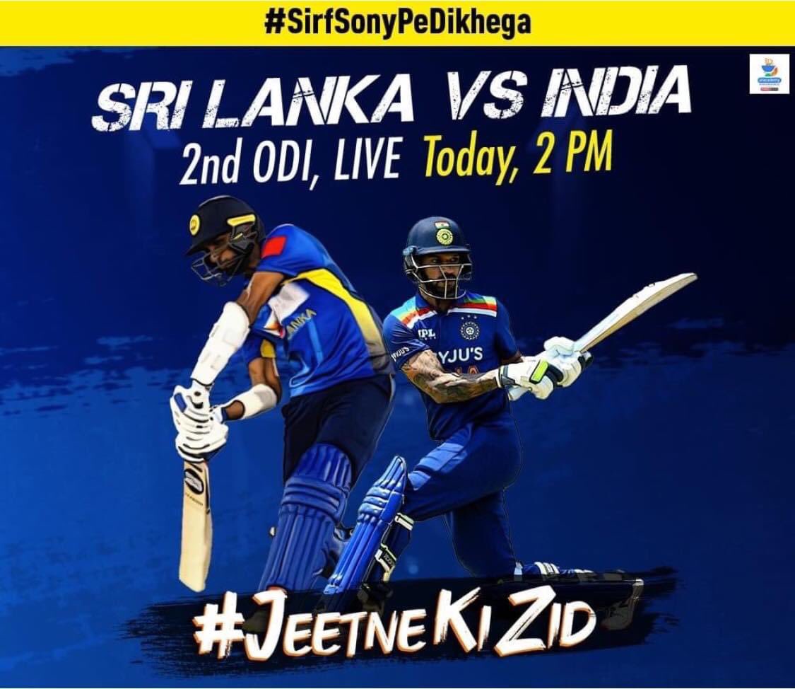 SPNDistribution's tweet photo. #SLvIND - Coverage LIVE NOW.
2nd ODI | TODAY, 20th July
Match starts in less than 1 HOUR!

Will the #MenInBlue clinch it or will the #LankanLions fight back to level the ODI series?
#HungerToWin #SirfSonyPeDikhega #JeetneKiZid #SonySports https://t.co/hctsLEBOF6