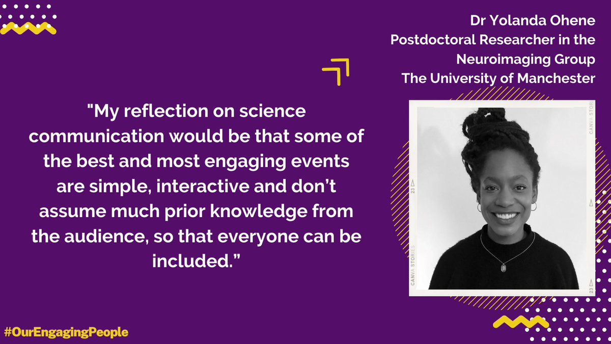 Meet Dr Yolanda Ohene (<a href="/y_ohene/">Dr YO 🐼</a>)  

Yolanda is a postdoc researcher specialising in developing MRI techniques for neurodegenerative diseases. She’s one of <a href="/britsoci/">The BSA</a> 2021 Award Lecturers, recognising her cutting-edge work &amp; commitment to public engagement.  

#OurEngagingPeople