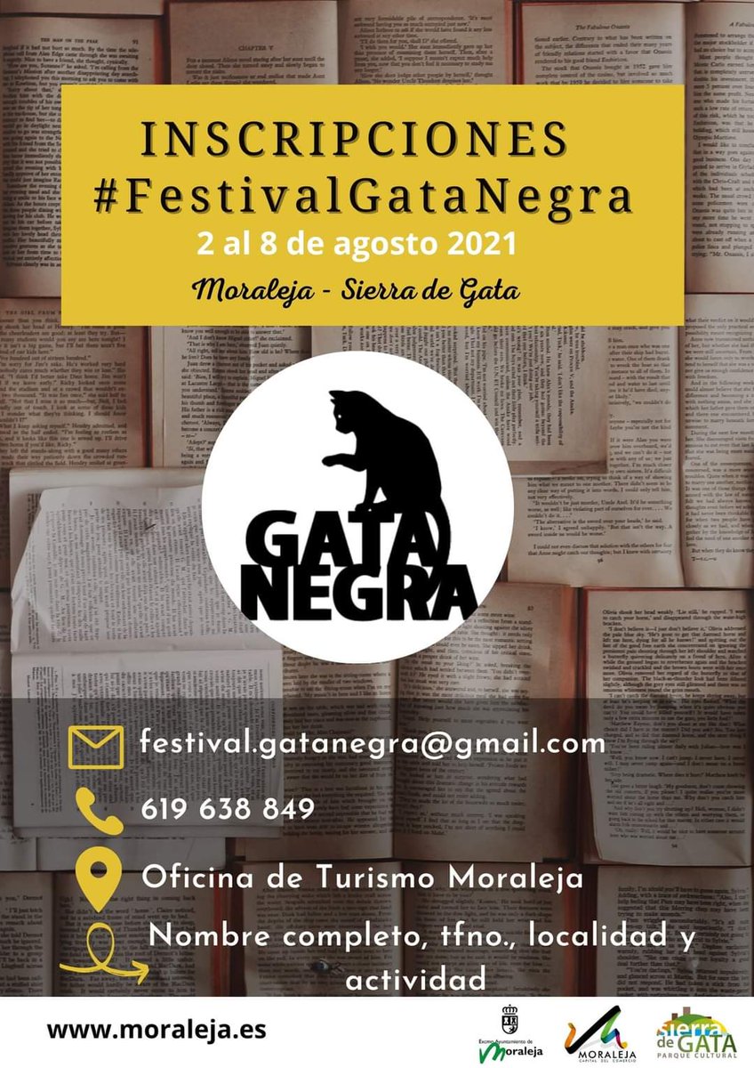 INSCRIPCIONES #FestivalGataNegra👇

ℹ Envíanos los siguientes datos:
🔸 Nombre completo.
🔸 Teléfono 
🔸 Localidad 
🔸 Actividad a la que te quieres apuntar

✍️A través de: 
📍 Oficina de Turismo de Moraleja. 
📞619638849
📧 festival.gatanegra@gmail.com

¡Os esperamos! 🐈