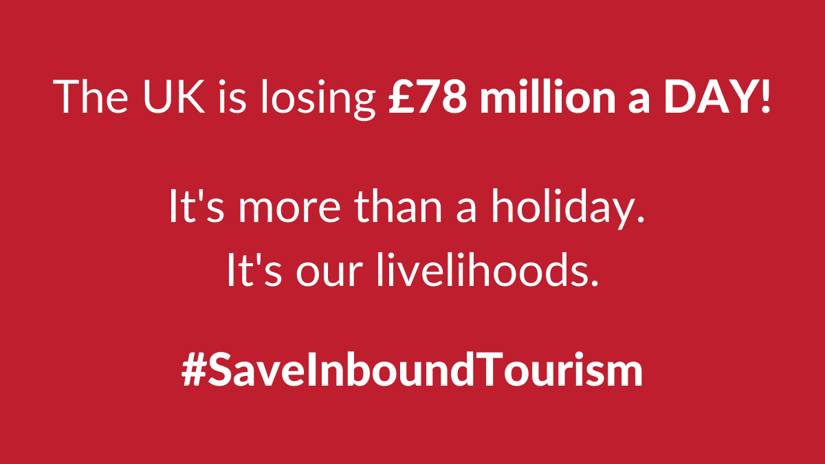 Lack of #inboundtourism is costing the UK £78m a DAY! We simply can’t afford this any longer @rishisunak. We urgently need a Tourism Export Recovery Fund & furlough extension, or our £28bn/yr industry & 1000s of livelihoods WILL be lost. #SaveInboundTourism #MoreThanAHoliday