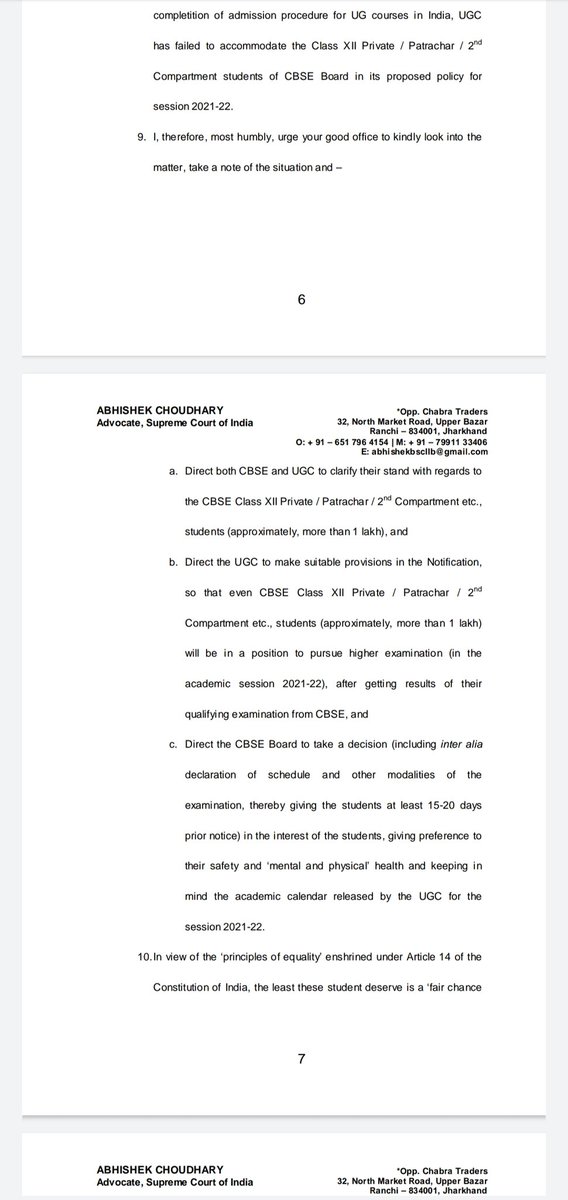 HimaanshuS's tweet photo. With Board Exams pending for CBSE Private, Patrachar, Improvement Students run risk of missing admission in colleges. UGC has come out with admission deadlines. Lawyer @abhishekbscllb has written to @cbseindia29 @dpradhanbjp highlighting the issue. #PromoteCBSEPrivateStudents https://t.co/MKLnUC31aX