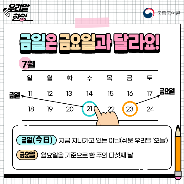[#우리말한입] 금일과 금요일은 달라요! 금일(今日)은 지금 지나가고 있는 이날(오늘)을, 금요일은 월요일을 기준으로 한 주의 ...