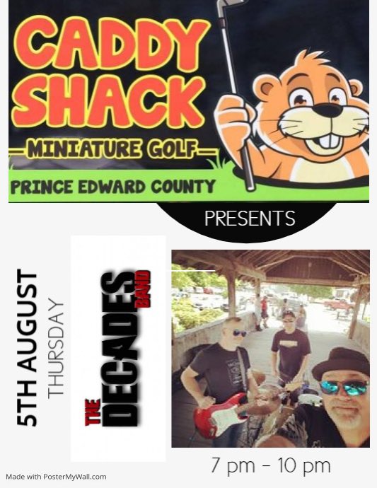 Post Lockdown gigs are starting to come in.
We will be hitting up Caddy Shack on Thursday August 5 starting at 7 pm, weather permitting.
See your familiar faces there.
<a href="/Caddyshackmini1/">Caddyshackminigolf</a> 
#thedecadesband #livemusic #supportlocalBusiness